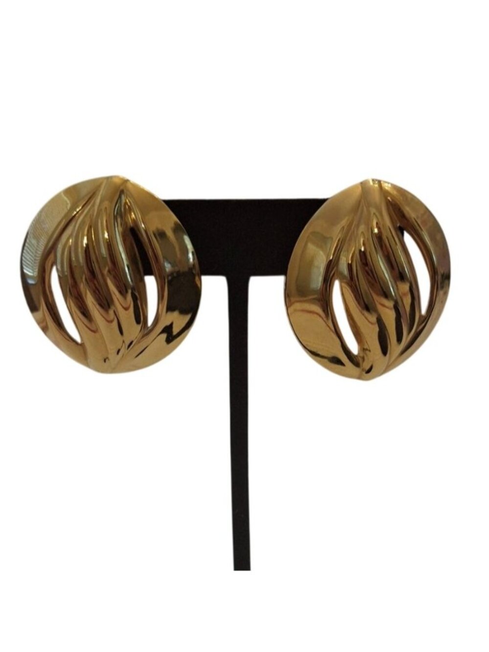 Vintage Gold Tone Abstract Swirl Oval Stud Earrings Modernist Statement Retro